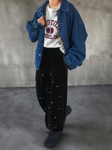 FRIFUL Women's Casual Elastic Waist Faux Pearl Decor Loose Flannelette Ankle Tied Sweatpants