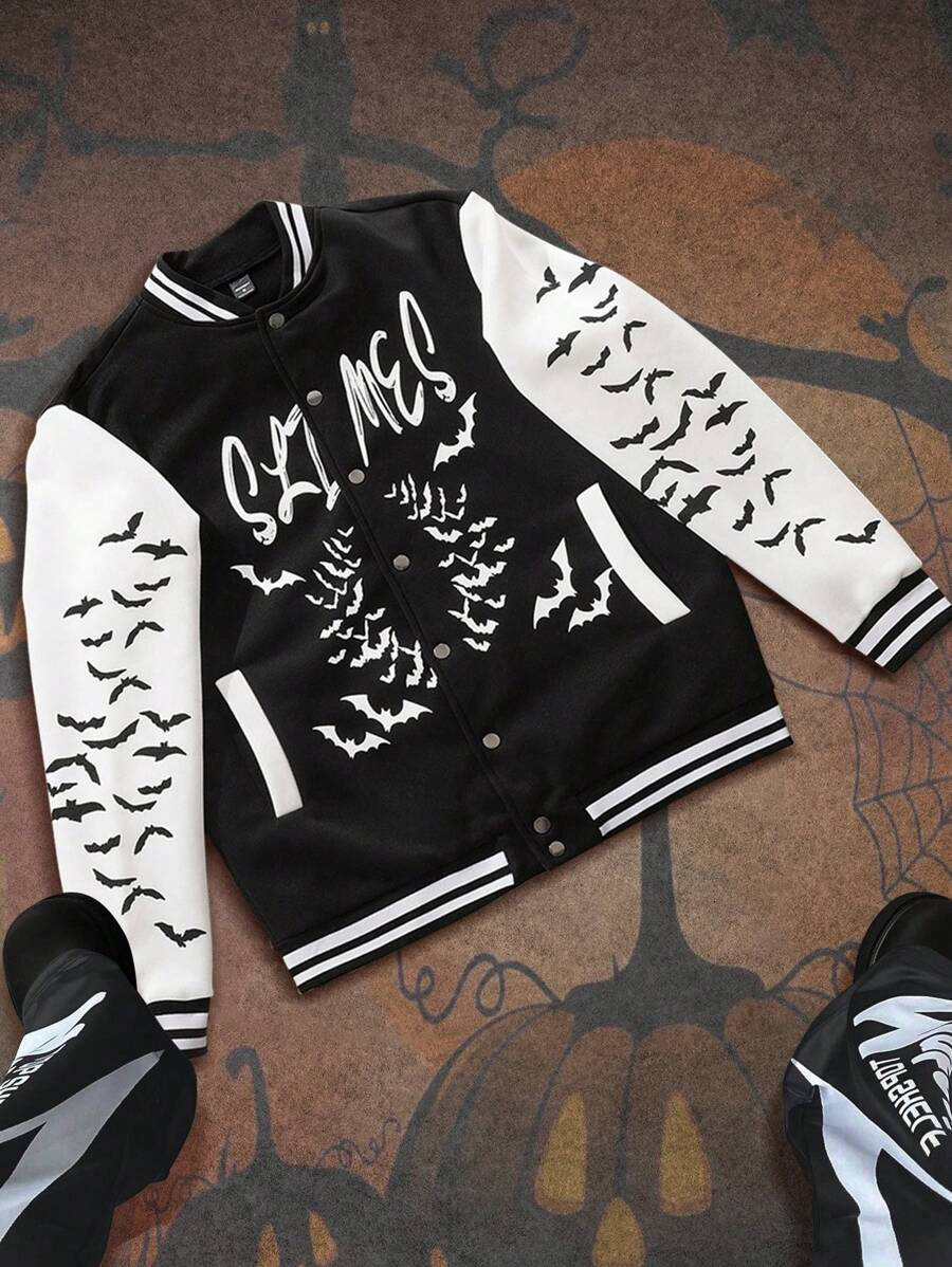 Manfinity Roghcode 棒球领字母印花纽扣撞色长袖夹克 - 彩色 - 查看 1