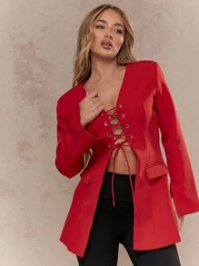 MISSGUIDED Luxury Lace Up Front Blazer Professional Evening Business Party Work Office Tailored Formal Long Sleeve Winter Fashion Statement Outerwear