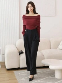 DAZY 女士纯色露肩毛衣，适合情人节和秋季服装 - 紅色 - 查看 9