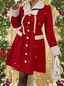 Celure Vestido casual de fiesta para citas, reuniones y uso diario, elaborado en tela de bucle roja para Navidad, con cuello redondo, botones, lazo y bolsillo, para mujeres de talla grande, para otoño/invierno, ropa para Año Nuevo