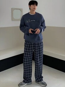 DAZY 男士休闲格子直筒裤，适合秋季 - 藍白色 - 查看 4