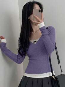 DAZY 女式 V 领蕾丝蝴蝶结拼布撞色 T 恤，秋季服装 - 紫色 - 查看 5