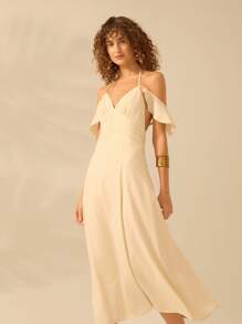 CAJUNI 女士露背米色挂脖系带长裙，度假休闲夏季连衣裙 - 米色 - 查看 4