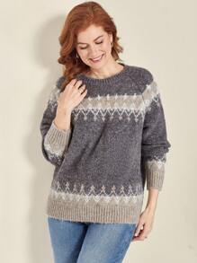 EMERY ROSE Plus Size Women Geometric Pattern Round Neck Raglan Long Sleeve Casual Knit Sweater, Fall Autumn/Winter