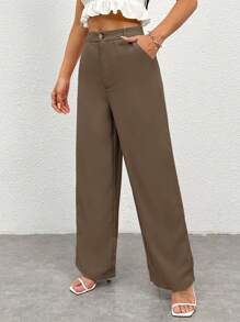 SHEIN PETITE Women Casual Solid Color Straight Leg Pants