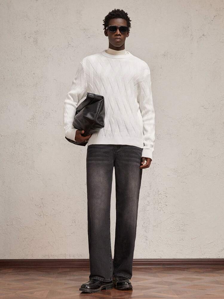 Men's Loose Fit Dropped Shoulder Crew Neck Knitted Sweater, Suitable For Autumn/Winter