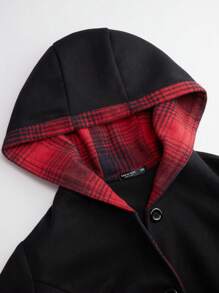 Flirla 大码女式休闲格子拼接单排扣连帽喇叭下摆大衣，秋冬款 - 黑色 - 查看 5