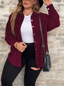 SHEIN LUNE Plus Size Women Casual Solid Color Drop Shoulder Loose Pockets Button-Down Shirt