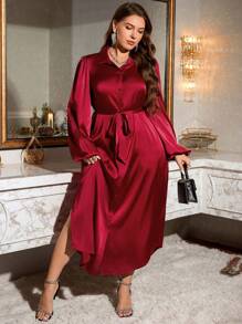 SHEIN Essnce Plus Size Women's Spring And Summer Fall Women Dresses Christmas Women Clothes Party Women Dresses Formal Women Dresses Formal Dress Christmas Women Dress New Year Eve Dress Red Christmas Dress Christmas Dress Business Casual Women Elegant Women Dresses Holiday Dress Thanksgiving Dress Thanksgiving Outfit Christmas Party Dress Fashionable And Elegant Party Satin Long Shirt Dress, Pocket Dress, Burgundy Dress Women Blouses Dress