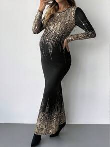 SHEIN Maternity Round Neck Long Sleeve Fishtail Hem Elegant Dress, For Autumn