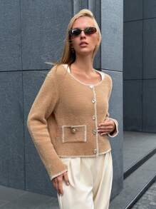 EURMUSE Women Casual Fuzzy Collar Cardigan, Autumn/Winter - Khaki - View 4