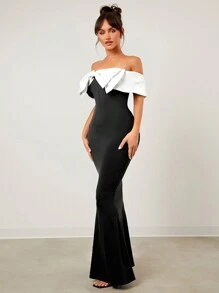 SHEIN SXY Vestido largo de noche elegante y sexy con un solo hombro, abertura alta en la cola de pez, color negro, imprescindible para fiesta de Año Nuevo o Día de San Valentín, con moño blanco - Blanco y Negro - Ver 5