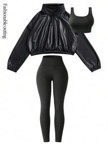 SHEIN Sports Women 3pcs/Set Casual Sportswear Warm Windproof Coat & Fitted Vest And Leggings, Autumn/Winter Running Fitness Outdoor & Workout Sets Women - Black - View 3