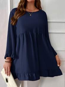 EMERY ROSE Plus Size Solid Color Round Neck Casual Everyday Long Sleeve Shirt - Navy Blue - View 5