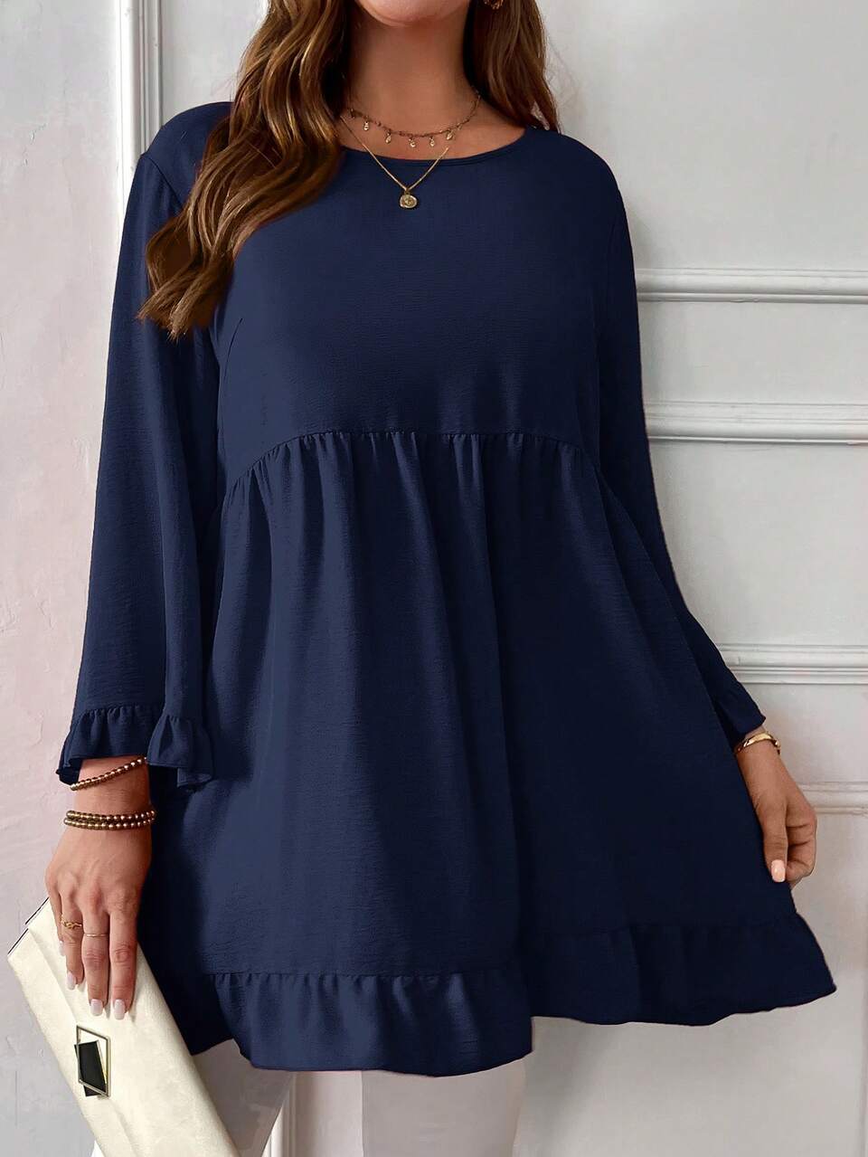 Plus Size Solid Color Round Neck Casual Everyday Long Sleeve Shirt Fall