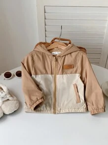 SHEIN 男婴/女婴卡其色/米色拼色连帽加厚保暖内衬夹克，舒适，秋冬季保暖，适合居家、外出和雪地玩耍 - 彩色 - 查看 3