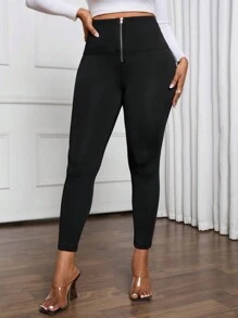 SHEIN Lady 黑色纯色拉链门襟紧身裤秋冬保暖内衬裤