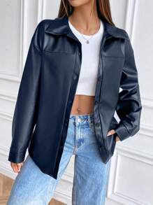 SHEIN Unity Women PU Leather Jacket, Stand Collar Long Sleeve Casual Street-Style Fashion Faux Leather Black Jacket Coat For Autumn - Blue - View 5