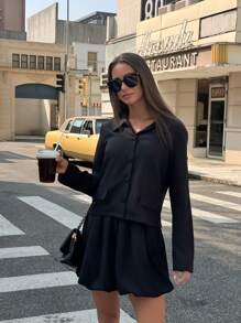 Chiquease 2 件套女士黑色长袖领子铆钉上衣和郁金香下摆裙子 - 黑色 - 查看 7
