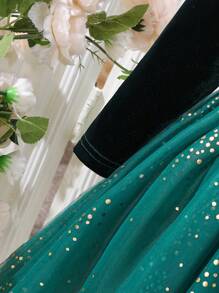 Glamorique Kids Christmas, New Year's Young Girl Elegant Net Yarn Cap Sleeve Patchwork Luxurious Foil Velvet Green Party Dress, Autumn/Winter - Dark Green - View 3