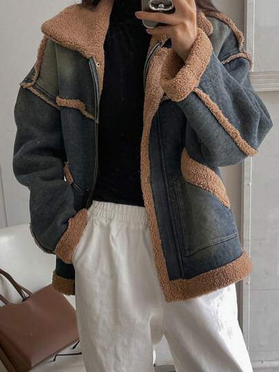 DAZY 女式西式服装，撞色保暖衬里牛仔夹克，适合秋冬女士