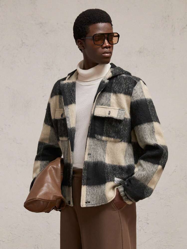 Men's Woven Plaid Loose Drop Shoulder Long Sleeve Hooded Jacket, Suitable For Autumn, For Fall Winter