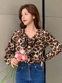 DAZY Leopard Print Flounce Tie Neck Loose Blouse For Women,Fall Clothes Long Sleeve Top - Brown - View 3