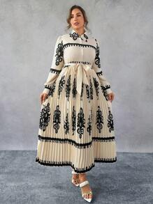 SHEIN Franclia 大码长袖印花束腰前系带休闲连衣裙 - 彩色 - 查看 4