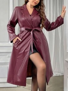 SHEIN Privé Áo khoác da giả dài ấm áp chống gió mới cho nữ cỡ lớn có ve áo, chống nước, mùa thu/đông - Màu Hoa hồng đỏ - Xem 5