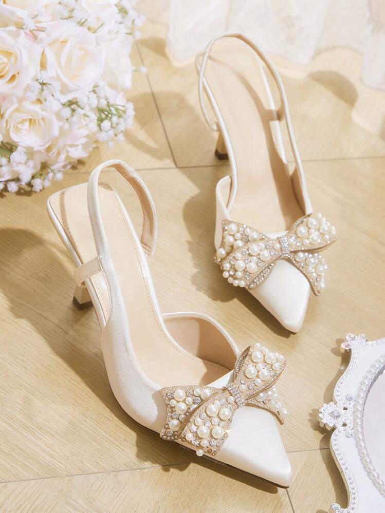 CUCCOO HITCHD Women's Pointed Toe High Heel Pumps, Elegant Pearl Bow Party & Wedding Shoes, Beige Satin Formal Bridal Dress Shoes, Date Shoes For Christmas Elegant Shoes - Beige - View 1