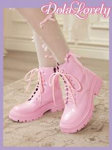 Dola Lovely 女士亮面厚底机车风时尚踝靴 - 粉色 - 查看 1