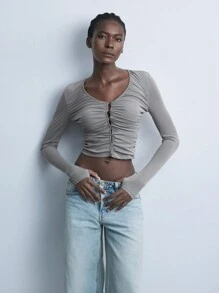 Maija 新款秋冬优雅灰色长袖女式针织网眼 V 领上衣，时尚派对和休闲日常穿着 - 灰色 - 查看 2