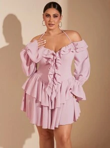 SHEIN BAE 加大码曲线女式优雅派对甜蜜约会生日粉色单肩带荷叶边装饰长袖迷你连衣裙女士连衣裙吊带裙派对连衣裙女士生日服装女士加大码正式礼服鸡尾酒会礼服性感加大码礼服婚礼宾客礼服女士礼服女士优雅圣诞礼服女士万圣节服装女士加大码礼服秋季婚礼服装女士 - 粉色 - 查看 2