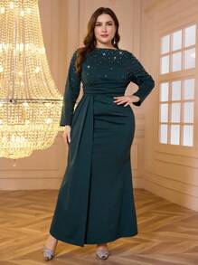 Modelyn Robe longue à col rond de luxe ornée, à manches longues, pour tenue de femme en automne/hiver. Robes de soirée longues