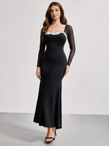 SHEIN Belle Elegante vestido de noche para mujer con mangas farol de malla, cuello cuadrado y bajo de cola de pez, vestido negro