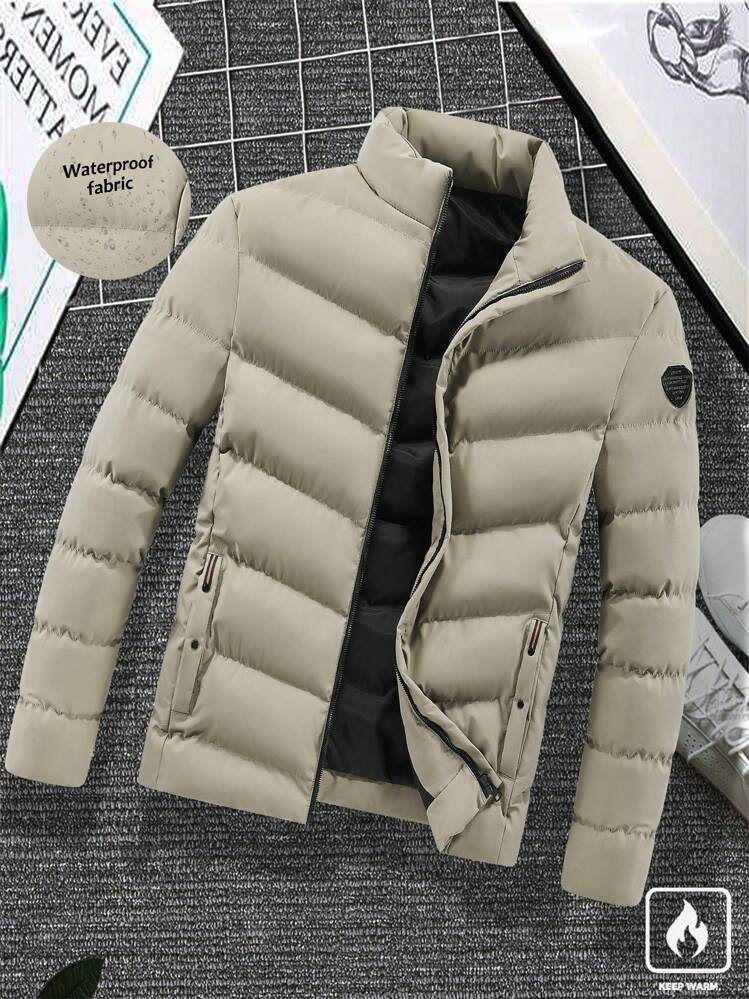 Manfinity Homme Loose Fit Men's Solid Color Zip-Up Coat For Winter, For Fall - Khaki - View 3