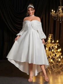 SHEIN Belle Plus Size White French Lace Splice Open Shoulder Flared Long Sleeve Asymmetric Elegant Bridal Cocktail Dress - White - View 1