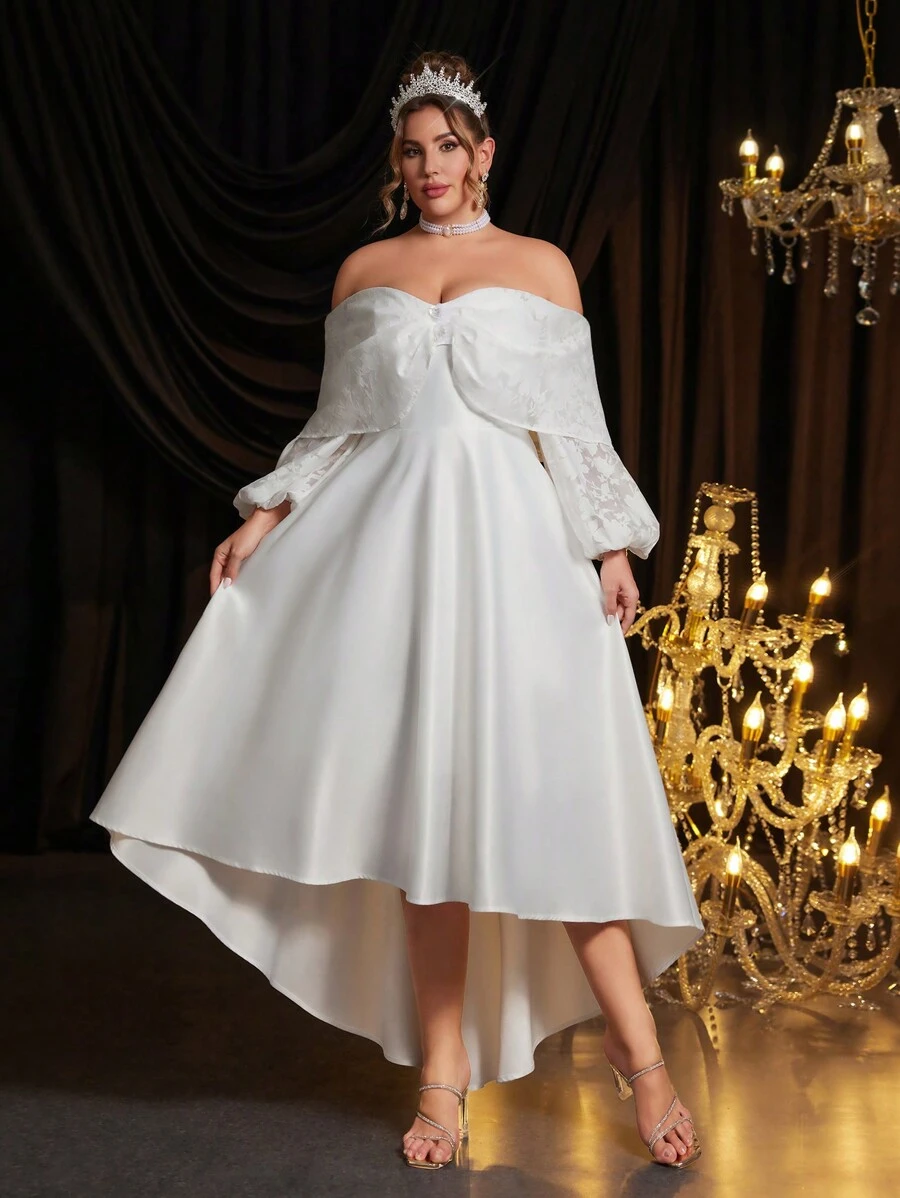 SHEIN Belle Plus Size White French Lace Splice Open Shoulder Flared Long Sleeve Asymmetric Elegant Bridal Cocktail Dress - White - View 1
