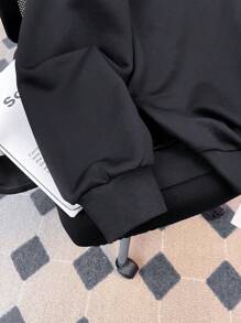 SHEIN 少女黑色/秋/冬/休闲宽松/扎染撞色缝线拉链露肩运动衫 - 黑色 - 查看 4