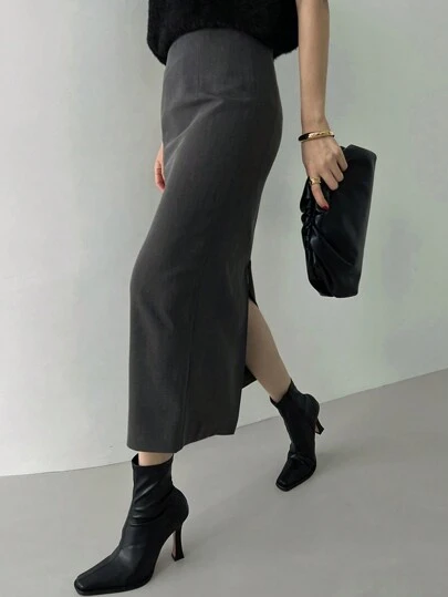 DAZY 女士纯色直筒A字开衩半身裙，休闲日常穿着，铅笔裙，返校季秋季裙装