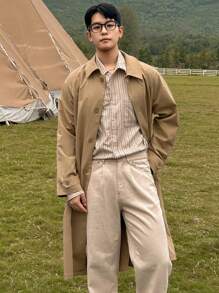 DAZY Men's Casual Plain Front Button Trench Coat For Spring/Autumn - Khaki - View 3