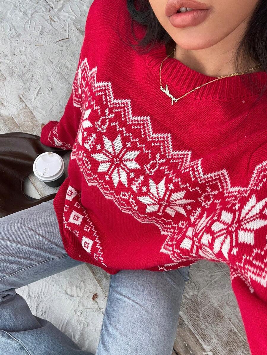 SHEIN EZwear Women's Casual Christmas Bow Accent Knit Pullover Sweater, College Style, Long Sleeve, Autumn/Winter