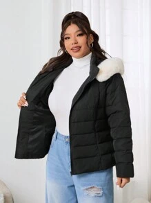 SHEIN EZwear Chaqueta acolchada con capucha de manga larga y diseño fuzzy en talla grande, color negro - Negro - Ver 4