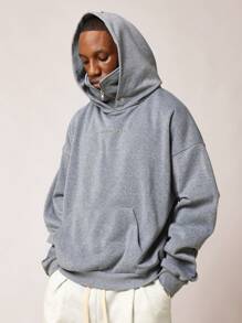 SUMWON Diagonal Zip Masked Hoodie With Face Cover Autumn Winter Streetwear Oversized Comfort Athletic Pullover Kangaroo Pocket Heavy Weight - Dark Grey - View 2