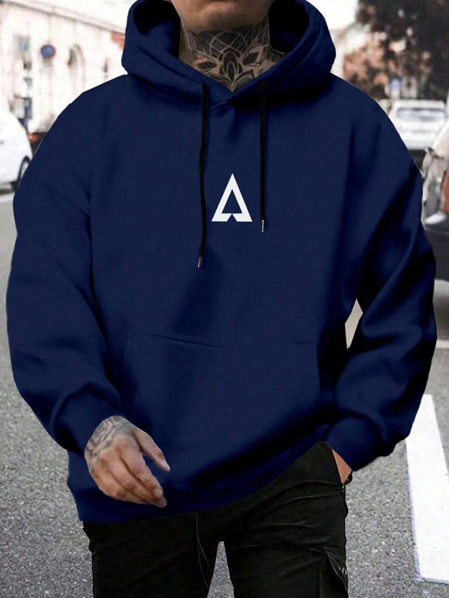 Manfinity Homme 男士几何印花长袖抽绳连帽衫休闲运动衫，秋季，海军蓝色连帽衫，深蓝色连帽衫，男士蓝色连帽衫，男士连帽衫，连帽衫 - 寶藍色 - 查看 1