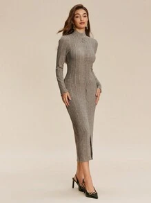 Chiquease Elegant Fashion Knitted Long Sleeve Cardigan Dress Fall Cloth For Women - Khaki - View 6