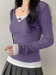 DAZY 女式 V 领蕾丝蝴蝶结拼布撞色 T 恤，秋季服装 - 紫色 - 查看 3