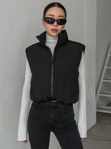 DAZY 女士纯色简约日常装无袖棉服外套，冬季女装，棉服女式夹克 - 黑色 - 查看 5