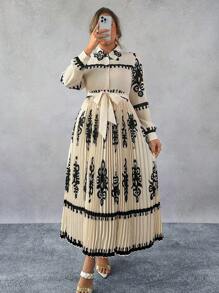 SHEIN Franclia 大码长袖印花束腰前系带休闲连衣裙 - 彩色 - 查看 1